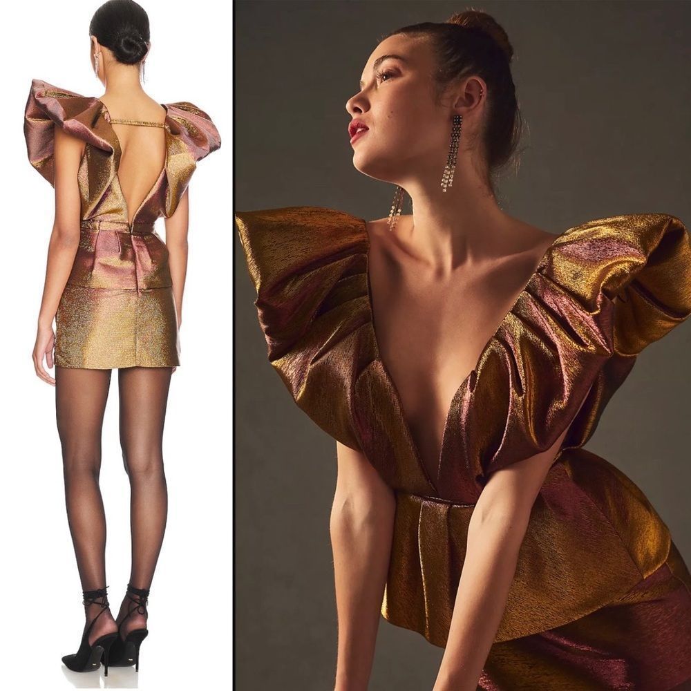 RONNY KOBO Calin Metallic Puffed Shoulders Iridescent Lame Tiered Mini Dress NWT - Picture 6 of 16